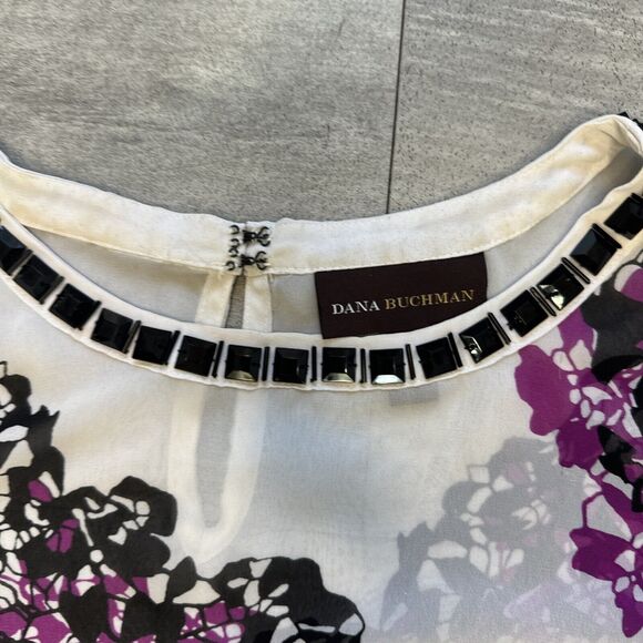 DANA BUCHMAN SLEEVELESS SHEER BLOUSE TANK TOP EMBELLISHED COLLAR PURPLE BLACK M - Picture 2 of 4